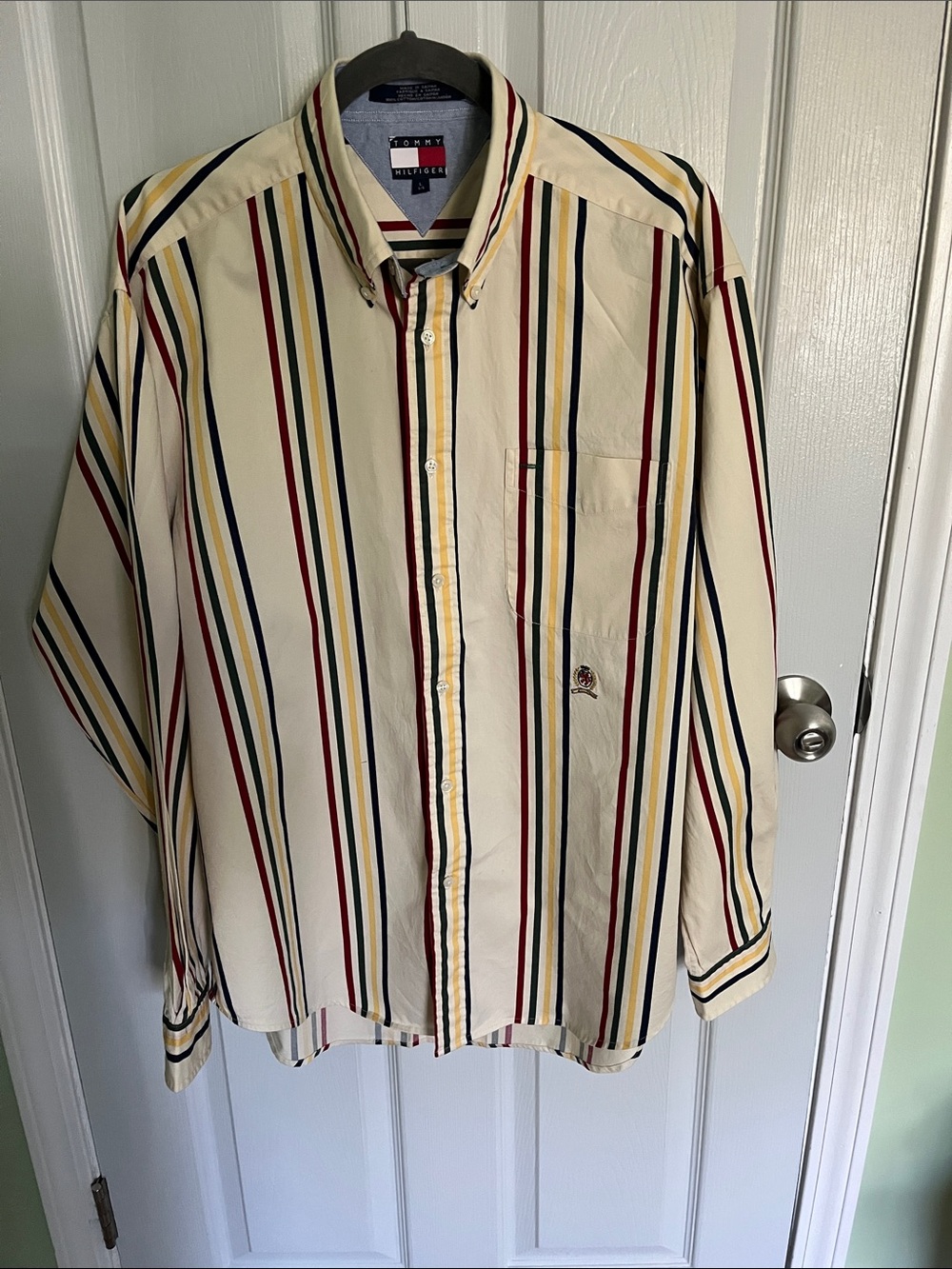 Tommy Hilfiger Men's Cream Button-Down Shirt with Red, Navy & Yellow Stripes